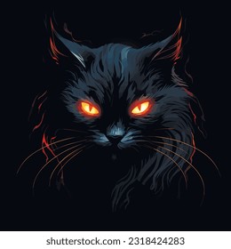 Black cat in darkness. Glowing eyes, vector illustration