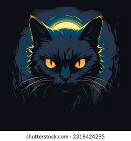 Black cat in darkness. Glowing eyes, vector illustration