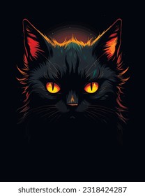 Black cat in darkness. Glowing eyes, vector illustration