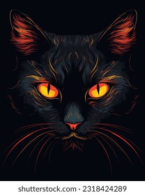 Black cat in darkness. Glowing eyes, vector illustration