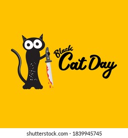 Black cat Day funky Banner mit schwarzer Katze, die ein blutiges Messer einzeln auf orangefarbenem Hintergrund hält. Black Cat Day Funky Concept Illustration
