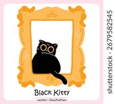 Black Cat in Decorative Gold Frame – Cute Vector Clipart for Seasonal or Elegant Designs