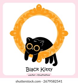 Gato negro en marco de oro decorativo – Clipart de Vector lindo para Diseños de temporada o elegantes