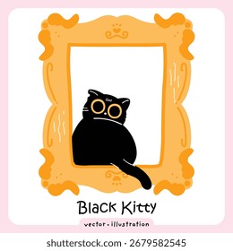 Black Cat in Decorative Gold Frame – Cute Vector Clipart for Seasonal or Elegant Designs