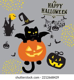 Black cat with devil wing on Halloween night and haunted house 