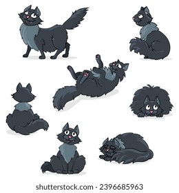 Gato negro en diferentes poses. Gato gracioso en estilo de dibujos animados, ilustración vectorial.