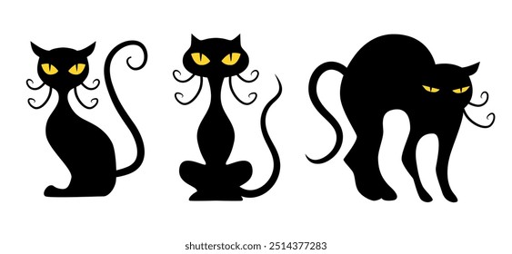 Black cat in different poses. Vector clipart isolated on white background.