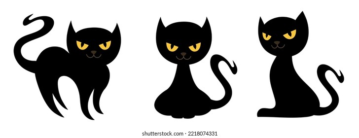 Black cat in different poses. Black cat with yellow eyes. Vector clipart isolated on white background.