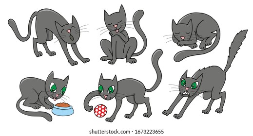 Black  cat in different positions. Set of isolated vector illustrations on white background.