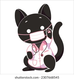 Black Cat Doctor with coat and stethoscope Vector Illustration