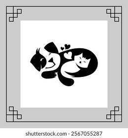 black cat and dog cuddling together in a white frame with decorative border