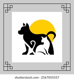 A black cat and dog sit next to a yellow sun on a gray background with a simple geometric border