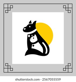 A black cat and dog sit next to a yellow sun on a gray background with a simple geometric border