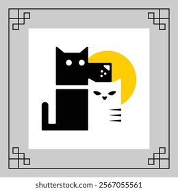 A black cat and dog sit next to a yellow sun on a gray background with a simple geometric border