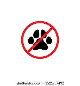 black cat or dog  trace in red crossed circle. Forbidden, unallowed sign.  No animal concept. Vector flat  icon isolated on white.  icon with kitty paw footprint, footstep.