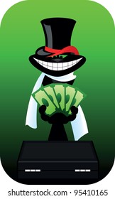 Black cat with the dollar on the green background