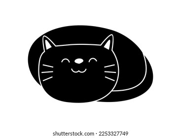 black cat doodle - flat vector cute black pussy cat silhouette cartoon