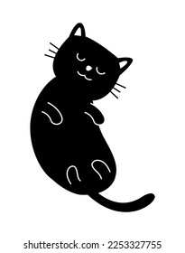 black cat doodle - flat vector cute black pussy cat silhouette cartoon