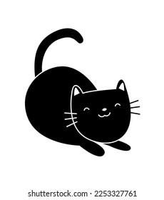 black cat doodle - flat vector cute black pussy cat silhouette cartoon