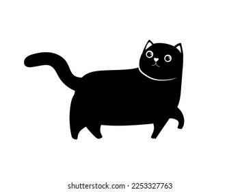black cat doodle - flat vector cute black pussy cat silhouette cartoon