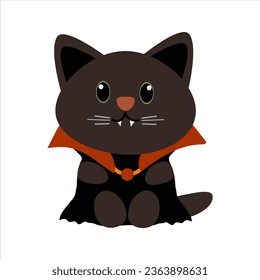 Black cat in a Dracula vampire costume for Halloween. Costume party . Cartoon cute vampire kitten . Adorable character for halloween cards