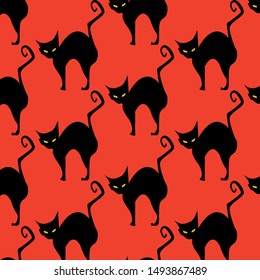 Black cat drawing on  red background pattern, flat illustration. Design for Halloween, Posters and Invitations.  Cartoon design. Vector Eps. 8