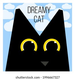 Gato negro. Un gato ensueño. Ilustración vectorial que representa a un gato lindo y alegre sobre un fondo celeste nublado. Pintura, ilustración, impresión, postal, tarjeta para los amantes del gato