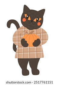 Black cat in dress with pumpkin. Cute autumn greeting card. Halloween vector illustration.