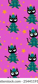 Black cat dressed in Christmas tree costume, seamless pattern, bringing a funny and festive vibe to holiday themed designs. Perfect for adding joy and humor to Christmas visuals with a playful twist. 