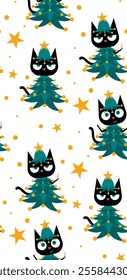 Black cat dressed in Christmas tree costume, seamless pattern, bringing a funny and festive vibe to holiday themed designs. Perfect for adding joy and humor to Christmas visuals with a playful twist. 