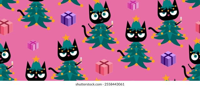 Black cat dressed in Christmas tree costume, seamless pattern, bringing a funny and festive vibe to holiday themed designs. Perfect for adding joy and humor to Christmas visuals with a playful twist. 