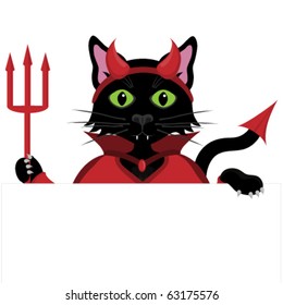 Black cat dressed as a Devil for Halloween peeping over the top of a blank sign.