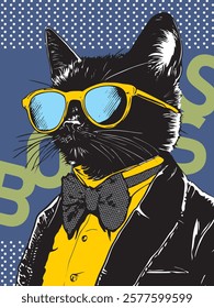 Black cat dressed in formal outfit with yellow sunglasses and bowtie on retro dotted background. Stylish animal concept, vector illustration
