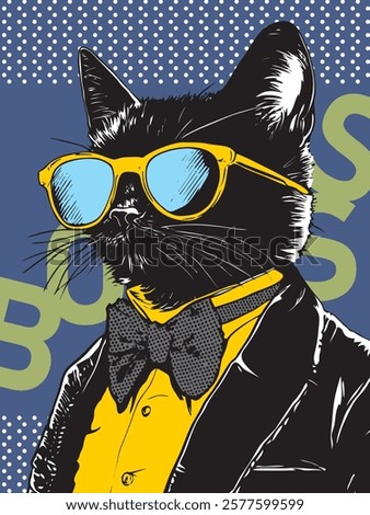 Black cat dressed in formal outfit with yellow sunglasses and bowtie on retro dotted background. Stylish animal concept, vector illustration
