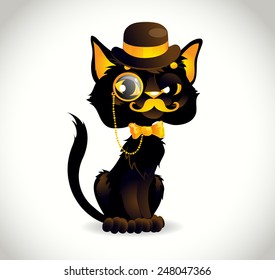 Black cat dressed in retro style, vintage look.