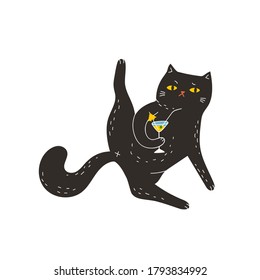 The black cat drinks a martini with its paw raised. Cute vector illustration. A bright, fun print with a cute funny cat is a great print for a T-shirt, hoodie and so on.