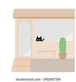 A black cat in the earth toned color shop , cactus near by brown bench , vector