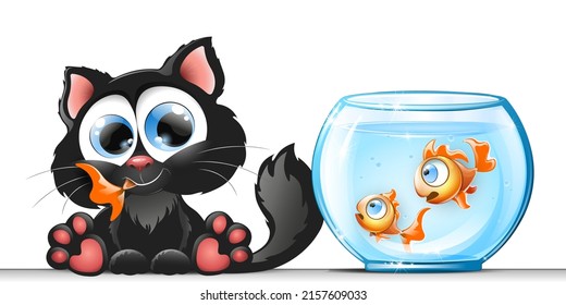 Black cat eat one of three fishes from aquarium