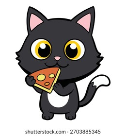 Black cat eating cheese slice cartoon