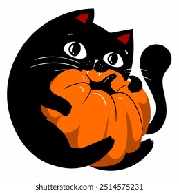 Gato negro comiendo calabaza. Divertido animal sonriente kawaii. Tarjeta de Halloween del bebé. Personaje divertido de dibujos animados lindo. Fondo blanco Aislado. Ilustración vectorial