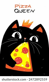 black cat eating slice pizza, with crown. Vector flat cartoon illustration. Isolated on white background. fast food, cafe, restaurant concept. pizza card, poster, flyer