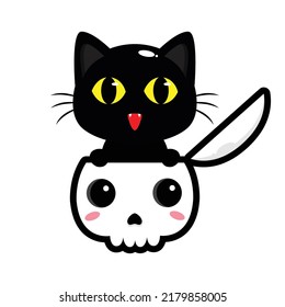 black cat emerges from skull head