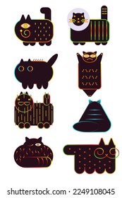 Black cat Emoticon Emoji Vektorgrafik Set. Charakterkartoon Katzenkörper einzeln auf weißem Hintergrund. Psychedelische Katze mit Regenbogen-Hub Vintage 50er Vektor.