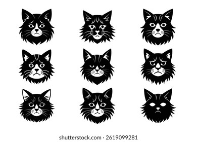 Black Cat Emotion Face Collection,Vector Graphic Set And Bundle