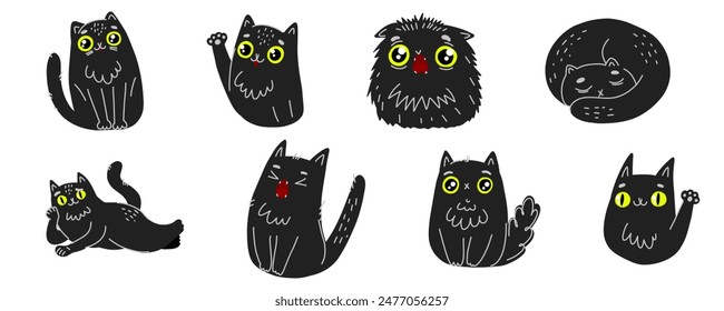 Black cat emotions sticker set. Fluffy fat cat cartoon style. Black Halloween kitten. Hand drawn vector illustration isolated on white background.