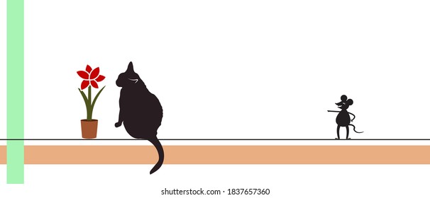 The black cat is enjoying the scent of the Amaryllis flower, and the mouse is laughing at the cat. Vector illustration isolated on a white background. 