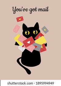 Black cat and envelope You have mail.  Cheerful illustration for printing on poster, t-shirts, decorative pillow. Email over the Internet or paper in an envelope. Vect
