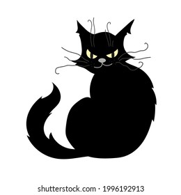 Un gato negro con una apariencia malvada. Elemento vectorial para el diseño de embalajes, postales, afiches para Halloween. Clipart sobre un fondo blanco.