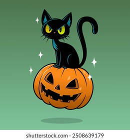 A black cat with expressive eyes perched atop a grinning jack-o’-lantern against a muted green background