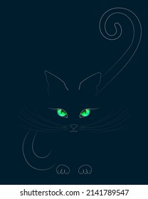 El gato negro con ojos verdes expresivos se ve desde la oscuridad. Estilo de arte de línea.	